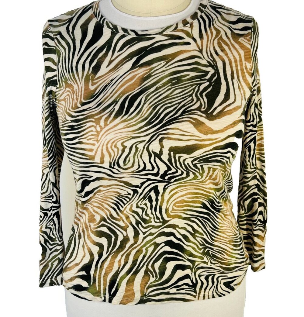 Blue Sol - Long Sleeve Tee Shirt Womens L Olive Green Cream Tiger Stripe